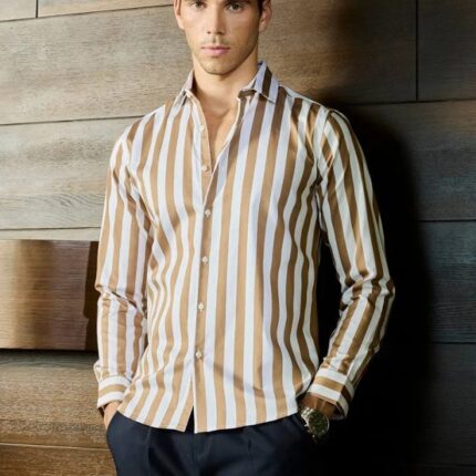 Men’s Brown & White Striped Slim Fit Casual Shirt