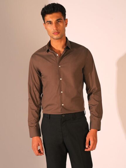 Men Solid Brown Slim Fit Shirt | Full Sleeve | Premium Formal Wear