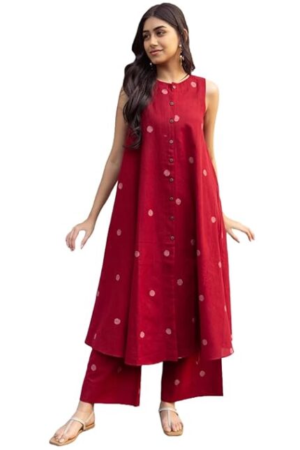 Women's Cotton Printed Maroon Hand-Print Kurta Set
