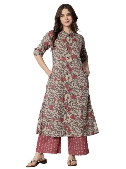 Women Cotton Printed A-Line Kurta with Palazzo Pant Set