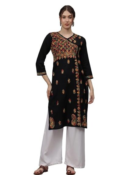 Chikan Hand Embroidered Lucknowi Chikankari Black Cotton Angarkha Style